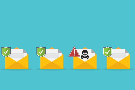 Four email icons with black document and one skull icon representing phishing risks and ai phishing attacks.