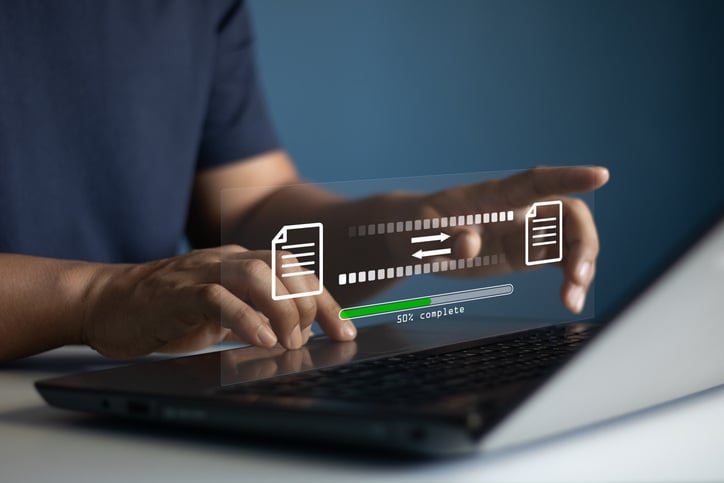 Data Transfer concept. Digital system for transferring documents and files online. File Transfer Protocol (FTP) files receiver and computer backup copy. File sharing isometric. Loading bar on screen.